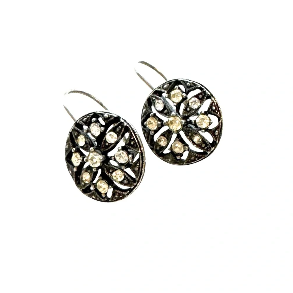 Vintage Silver Filigree and Crystal Floral Earrings. EUC